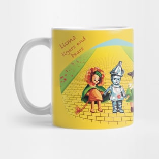 Lions tigers and bears, oh my! Cowardly lion, tin man and scarecrow kids. Wizard of Oz. Mug